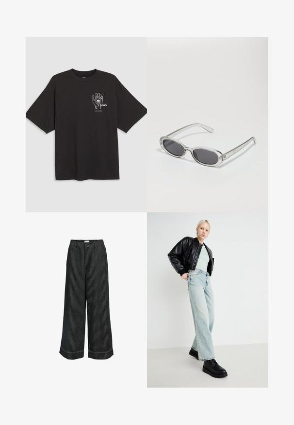 Black cotton t-shirt with short sleeves, featuring a hand graphic and text "Levi's LA LUNE" in white on the left chest area.; Black and white striped wide-leg trousers with a button closure, featuring a relaxed fit and contrasting stitching along the hem.; Black leather bomber jacket, mint green shirt, light blue wide-leg jeans, and black lace-up shoes, set against a minimal background.; Sunglasses with an oval shape, clear plastic frame, dark gray lenses, and thin transparent arms featuring logo accents and minimal detailing.