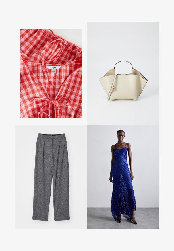 Röd och rosa rutigt blus med rynkad halsringning och knytdekor. Tillverkad av lättviktsmaterial, har en "NEXT"-etikett inuti.; Grå rutiga byxor med hög midja, vida ben och veck. Tillverkade av ett texturerat tyg med ett monokromatiskt mönster.; Maxiklänning med blå och lila djurmönster, tunna remmar, åtsittande byst, utsvängd fåll och genomskinliga detaljer.; Ree Projects ANN - Handväska - beige