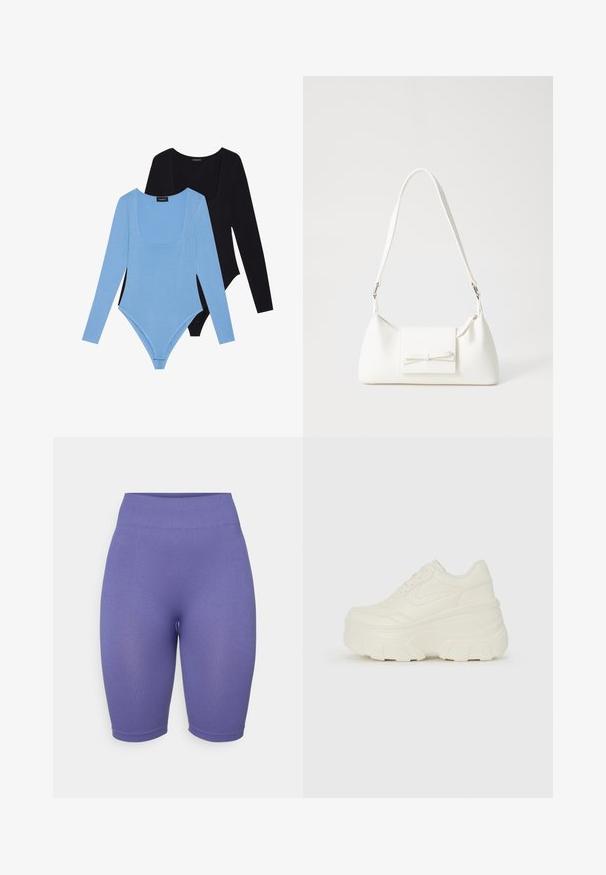 Sada dvoch body s dlhým rukávom. Jedno je svetlomodré s obdĺžnikovým výstrihom a druhé je čierne. Obe sú vyrobené z mäkkého materiálu a majú priliehavý strih.; Fialové bike šortky s vysokým pásom, s ribbed textúrou, priliehavým strihom a dĺžkou po stred stehien. Bez výrazného hardvéru alebo vzorov.; Biele platformové tenisky s hladkým koženkovým svrchným materiálom, zaobleným tvarom, polstrovaným golierom a textúrovanou gumovou podrážkou s výrazným vzorom.; Biela syntetická kabelka s trojuholníkovým tvarom, plochým predným klapkou a detailom mašle, nastaviteľným popruhom, hladkou textúrou a minimalistickým dizajnom.