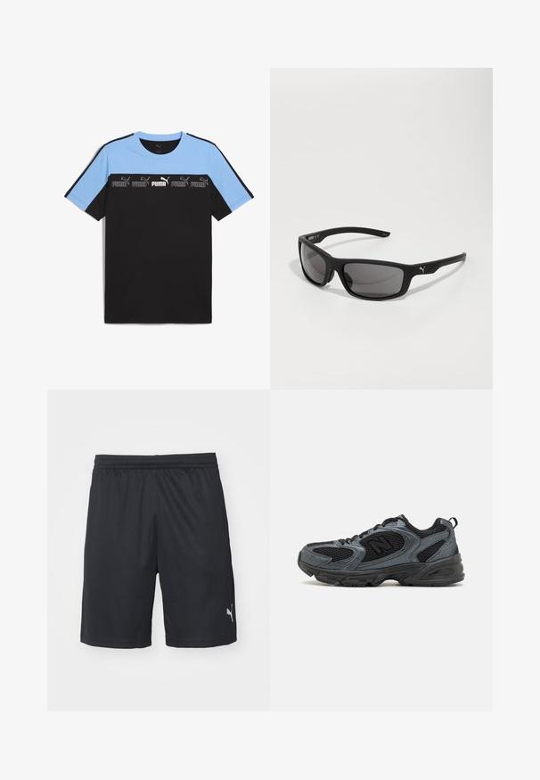 Crna i svijetloplava majica s kratkim rukavima i okruglim izrezom. Sadrži horizontalnu traku koja prikazuje više Puma logotipa u bijeloj i crnoj boji.; Puma INDIVIDUALLIGA TRAINING SHORTS OPEN POCKETS - Sportske kratke hlače - black/fizzy apple; Crne i sive sportske cipele s teksturiranim mrežastim gornjim dijelom, gumenenim potplatom i potporom. Imaju logo i sustav vezivanja.; Crne sunčane naočale s mat završetkom, pravokutnim lećama i istaknutim logotipom na sljepoočnici. Polarizirane leće, UV zaštita.