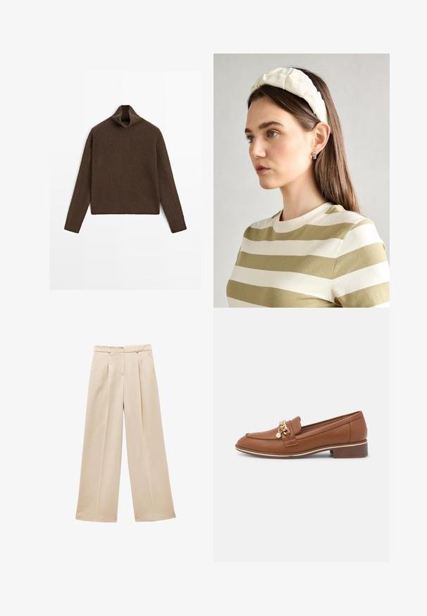 Bruine geribbelde gebreide coltrui met lange mouwen, plat neergelegd op een witte achtergrond.; Beige wijde broek met geplooide voorkant, gladde stof en een op maat gemaakte tailleband. Voorzien van twee zijzakken en geen zichtbare sluitingen.; Bruine leren instapper met een gouden kettingaccent en pareldetail. Heeft een ronde neus en een lage blokhak. Gladde textuur en strakke ontwerpen.; Crème geklede hoofdband met gedraaide ontwerp, gecombineerd met een beige en witte gestreepte shirt met een ronde hals. Subtiele sieradenaccenten.