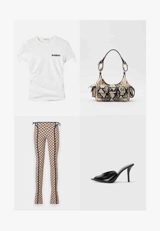 Valge lühikese varrukaga T-särk, millele on külgedelt volangid ja mis kannab vasakul rinnal udust musta kiri "MISBHV".; Kujundusega retuusid heledas virsiku toonis musta logo prindiga, mustade külgõmbluste ja paeltega vöökohta. Laienev disain.; Mustad nahast kõrge kontsaga mulad avatud varbaga, terava disainiga, siledapinnalised ja kitsaste stilettokontsadega.; Pruuni ja musta värvi nahkjeskott, millel on struktureeritud kuju, pandla detail ja kaks õlarihma. Tekstureeritud pind.