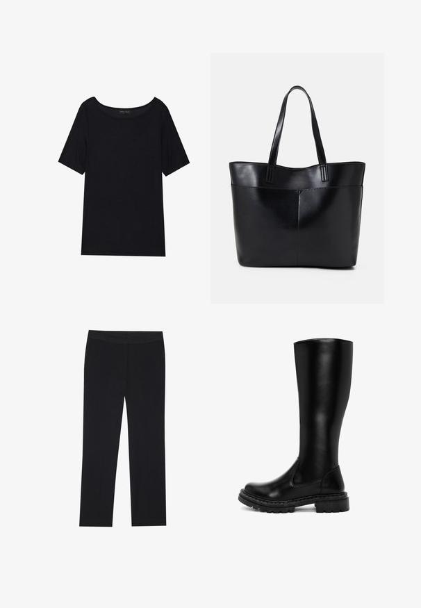 Black short-sleeve T-shirt with a wide neckline. Made of soft, lightweight fabric. Simple design with no patterns or accents.; Black trousers with a straight leg design, featuring side pockets and a smooth fabric texture. Minimal detailing, clean waistband.; Black knee-high boots made of smooth leather. Chunky rubber sole with textured tread. Rounded toe and minimalistic design. No visible embellishments.; Black leather tote bag with two long handles, a smooth texture, and a structured shape. Features a front pocket for additional storage.