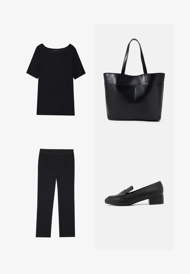 Fekete, rövid ujjas póló, széles dekoltázzsal. Puha, könnyű anyagból készült. Egyszerű, mintás vagy díszítés nélküli dizájn.; Fekete nadrág, egyenes lábakkal, oldalsó zsebekkel és sima szövet textúrával. Minimális részletezés, letisztult derékpánt.; Fekete bőr loafers cipő alacsony blokk sarkú, elegáns dizájnnal, varrott részletezéssel és minimalista szilhuettel.; Fekete bőr bevásárlótáska két hosszú fogantyúval, sima felülettel és strukturált formával. Elülső zseb található rajta a plusz tárolás érdekében.