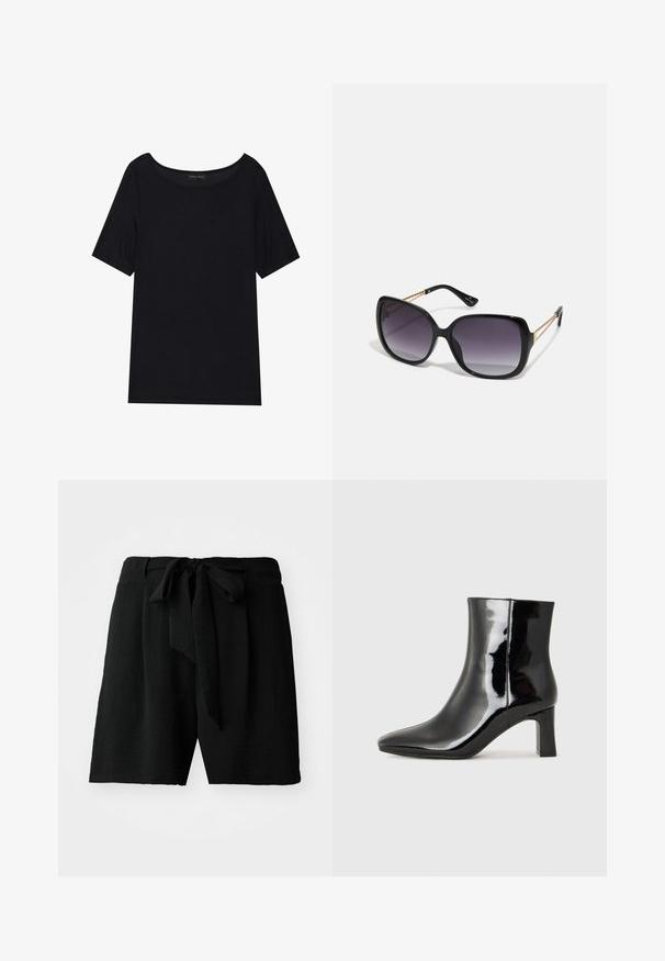 Black short-sleeve T-shirt with a wide neckline. Made of soft, lightweight fabric. Simple design with no patterns or accents.; Black shorts made of textured fabric, featuring a tie closure at the waist, and a relaxed fit, reaching mid-thigh in length.; Black patent leather ankle boot with a pointed toe and a mid-height block heel. Smooth texture and minimalist design.; Black oversized sunglasses with gradient lenses, thick frames, and gold-tone chain detailing on the temple arms.; Black handbag with structured shape, smooth texture, and a metallic clasp. Paired with wide black pants and open-toe sandals on wooden floor.