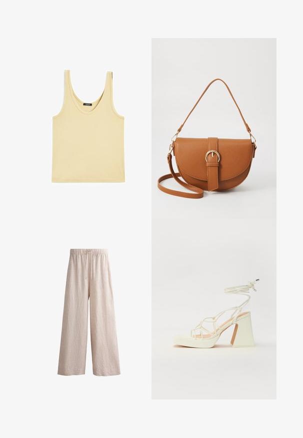 Lichtgele geribde tanktop met een ronde halslijn en brede schouderbanden. Rechte zoom aan de onderkant, minimalistisch ontwerp.; Beige linnen wijde broek met een elastische tailleband en trekkoord. Heeft een getextureerde afwerking en een full-length ontwerp.; Witte hoge hakken sandaal met een chunky hak, met een bandjesontwerp en enkelband. Gladde textuur met een plateau voor extra hoogte.; Bruine leren schoudertas met een gebogen vorm, gouden hardware en een gespaccent. Bevat een afneembare schouderriem.