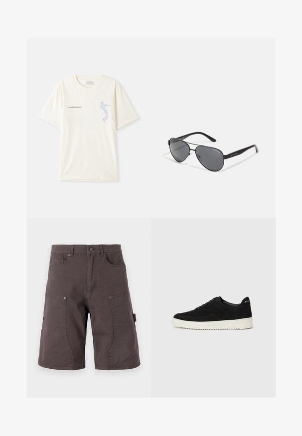 Bijela pamučna majica s kratkim rukavima, s natpisom "Ujedinjeni ritmom" u crnoj i plavoj grafici na prsima. Okrugli izrez.; Tamno sivi cargo šorts od pamuka s prednjim džepovima, bočnim cargo džepovima, zatvaranjem na dugme i detaljima šivanja na nogavicama.; Crne nubuk tenisice s vezanjem i kontrastnom bijelom gumenom potplatom. Imaju teksturirane bočne panele i suptilno brendiranje na peti.; Crne avijatorske sunčane naočale s tamnim staklima, tankim metalnim okvirom i vitkim plastičnim drškama koje imaju akcentuirane logotipe.