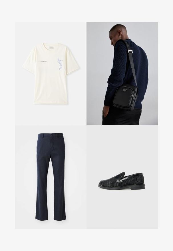 Hvit bomull t-skjorte med korte ermer, med teksten "United By Rhythm" i svart og blå grafikk på brystet. Rund halsdesign.; Marineblå, utsvingte bukser laget av lett stoff, med en enkelt knappelukking og frontlommer, samt en jevn tekstur.; Sorte vevde slip-on sko med en glatt lærdetalj på overdelen, design med rund tå og en lavprofil gummisåle.; Svart lær crossbody-veske med en glidelåslomme, logo-detalj og justerbar rem med merke. Båret mot en teksturert marineblå genser.