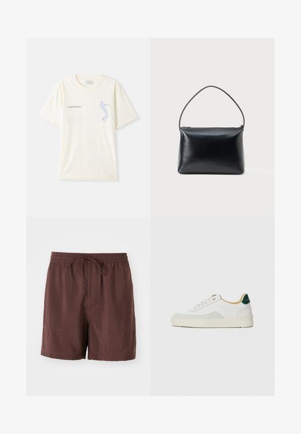 Witte katoenen t-shirt met korte mouwen, met de tekst "United By Rhythm" in zwart en blauwe graphics op de borst. Rond halsontwerp.; Lichtbruine, lichte shorts met een elastische tailleband en een koord. Voorzien van zijzakken en een gladde, licht glanzende textuur.; Witte sneaker met suède accenten, ronde neus, platte veters en een crème rubberen zool. Bevat groene branding op de hiel.; Zwarte gladde leren handtas met een enkele gebogen handgreep en bovenste ritsluiting, getoond tegen een effen witte achtergrond.