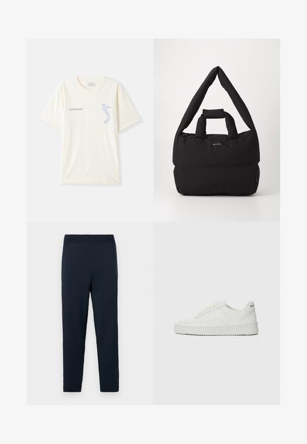 Biely bavlnený tričko s krátkymi rukávmi, s nápisom "United By Rhythm" v čiernej a modrej grafike na hrudi. S okrúhlym výstrihom.; Námornícke modré tepláky vyrobené z jemnej zmesi bavlny, s elastickým pásom, zúženými nohami a bez viditeľných vzorov alebo akcentov.; Biele kožené tenisky s hladkým povrchom, okrúly špičkový dizajn, ploché šnúrky a textúrovaná podrážka. Obsahujú jemné logo na päte.; Čierna vypchaná taška s širokým, mäkkým ramenným popruhom a hornou rúčkou. Obsahuje zips a diskrétny logotyp na prednej strane.