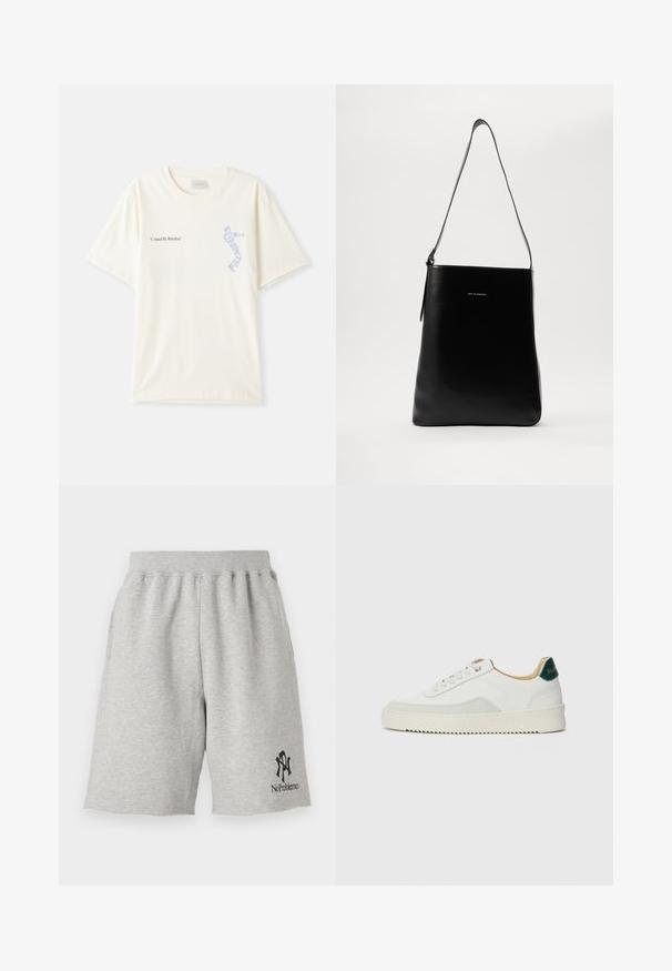 Bílá bavlněná tričko s krátkým rukávem, se zapnutím "United By Rhythm" v černé a modré grafikou na hrudi. Kulatý výstřih.; Šedé bavlněné šortky s elastickým pasem, se černým logem "No Problemo" na dolní levé straně a neošetřenými okraji.; Bílé tenisky se semišovými prvky, kulatou špičkou, plochými tkaničkami a krémovou gumovou podrážkou. Na patě mají zelené logo.; Černá kožená kabelka na rameno s hladkým povrchem, obdélníkovým tvarem a dlouhým popruhem; na středu má malé bílé logo.