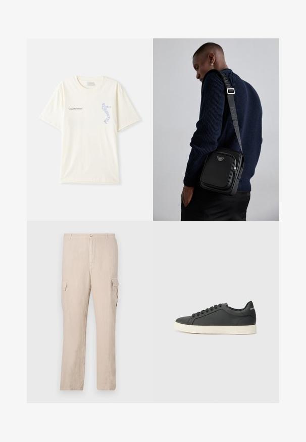 Hvit bomull t-skjorte med korte ermer, med teksten "United By Rhythm" i svart og blå grafikk på brystet. Rund halsdesign.; Beige cargo bukser laget av lin som har to sidelommer, en frontlukking med knapp, og en rett ben design med en jevn tekstur.; Svart skinnsneaker med lav profil, rund tå og snøring; har en teksturert gummisåle og logo-detalj på hælen.; Svart lær crossbody-veske med en glidelåslomme, logo-detalj og justerbar rem med merke. Båret mot en teksturert marineblå genser.