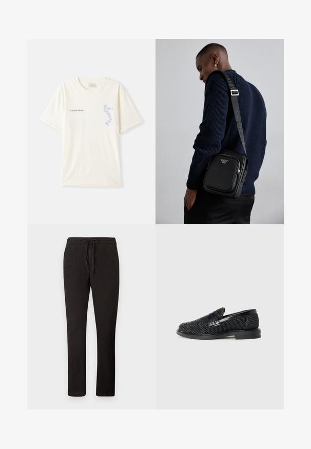 Balts kokvilnas T-krekls ar īsām piedurknēm, ar melnu un zilu grafiku "United By Rhythm" uz krūtīm. Apaļš kakla izgriezums.; Melni lina bikses ar aukliņu viduklī, taisna piegriezuma, teksturēta auduma un minimālisma dizaina. Piemērotas ikdienas valkāšanai.; Melnas austas slaidu kurpes ar gludu ādas akcentu augšpusē, apaļas formas purngalu un zemas profila gumijas zoli.; Melnas ādas plecu soma ar rāvējslēdzēja nodalījumu, logotipa detaļām un markētu regulējamu siksnu. Valkāta kopā ar teksturētu tumši zilu džemperi.