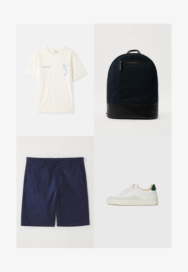 Weißes Baumwoll-T-Shirt mit kurzen Ärmeln, mit dem Aufdruck "United By Rhythm" in Schwarz und blauer Grafik auf der Brust. Rundhalsausschnitt.; Marineblaue Baumwollshorts mit geradem Schnitt, ausgestattet mit Gürtelschlaufen, einer Knopfverschluss vorne und zwei Seitentaschen. Glatte Textur.; Weiße Sneaker mit Wildlederelementen, runder Zehenpartie, flachen Schnürsenkeln und einer cremefarbenen Gummisohle. Mit grünen Markenlogo am Fersenbereich.; Rucksack mit einem dunkelgrünen Stoffkörper und einem schwarzen Lederboden. Verfügt über einen Oberhandgriff und eine vordere Reißverschlusstasche mit einem Label.