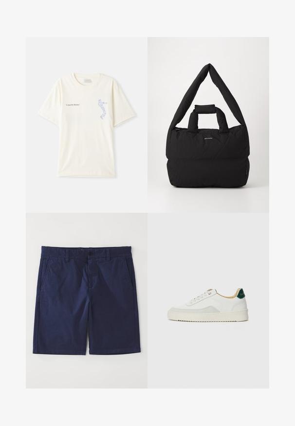 T-shirt en coton blanc à manches courtes, présentant le texte « United By Rhythm » en noir et bleu sur la poitrine. Design à col rond.; Shorts en coton bleu marine à coupe droite, avec passants de ceinture, fermeture à bouton devant et deux poches latérales. Texture lisse.; Baskets blanches avec des accents en daim, bout arrondi, lacets plats et semelle en caoutchouc crème. Présente une marque verte sur le talon.; Sac rembourré noir avec une large bandoulière douce et une poignée supérieure. Comprend une fermeture à glissière et un logo discret à l'avant.