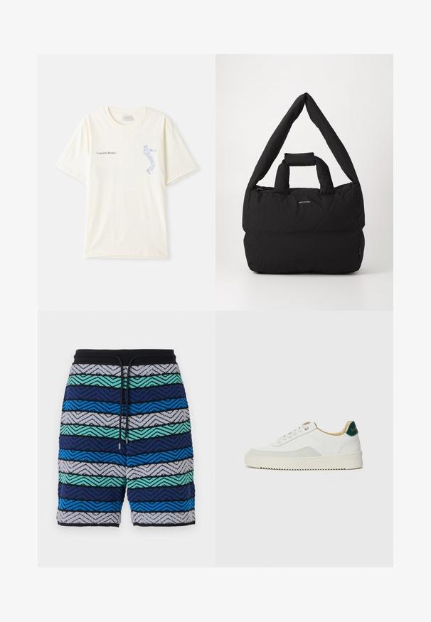 Balta medvilninė marškinėliai trumpomis rankovėmis, su juodu ir mėlynu užrašu „United By Rhythm“ ant krūtinės. Apvalaus iškirpimo dizainas.; Daugiaspalvės šortai su zigzago raštu tamsiai mėlynų, mėlynų, žalių ir pilkų atspalvių. Juosmens dalis juoda su raišteliu.; Baltos sportbačiai su zomšos akcentais, apvaliu nosiu, plokščiais raišteliais ir kreminės spalvos guminiu padu. Ant kulno yra žalia ženklinimo detalė.; Juodas paminkštintas krepšys su plačia, minkšta petneša ir viršutine rankena. Sukurtas su užtrauktuku ir subtiliu logotipu priekyje.