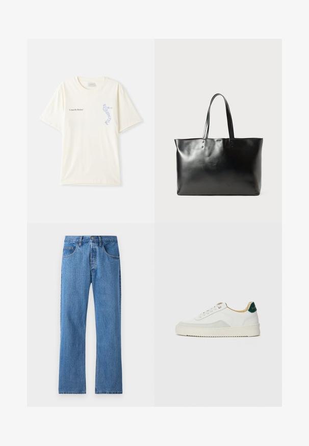 Balta medvilninė marškinėliai trumpomis rankovėmis, su juodu ir mėlynu užrašu „United By Rhythm“ ant krūtinės. Apvalaus iškirpimo dizainas.; Mėlyni džinsai su tiesia kojų iškirpimu, penkiomis kišenėmis, mygtuko užsegimu ir subtiliu išblukimu. Yra standartinės siuvimo siūlės ir diržo kilpos ant juosmens.; Baltos sportbačiai su zomšos akcentais, apvaliu nosiu, plokščiais raišteliais ir kreminės spalvos guminiu padu. Ant kulno yra žalia ženklinimo detalė.; Juodas lygus odinis rankinukas su dviem petnešomis, stačiakampio formos, su subtiliomis siūlėmis ant balto fono.