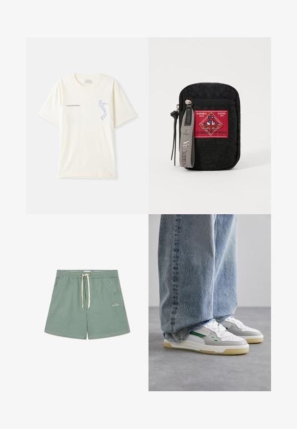 Camiseta de algodón blanca con mangas cortas, que presenta el texto "United By Rhythm" en un gráfico negro y azul en el pecho. Diseño de cuello redondo.; Bañador a rayas verdes y blancas con cintura elástica, cordón ajustable y pequeño detalle de logo en la parte inferior izquierda.; Zapatillas blancas y grises con detalles verdes, que cuentan con un upper de malla y suela de goma, combinadas con unos vaqueros de denim azul con dobladillos deshilachados.; Bolso negro con tela texturizada, presenta un parche rojo con el logo, cierre de cremallera y una correa gris con el nombre de la marca en relieve.