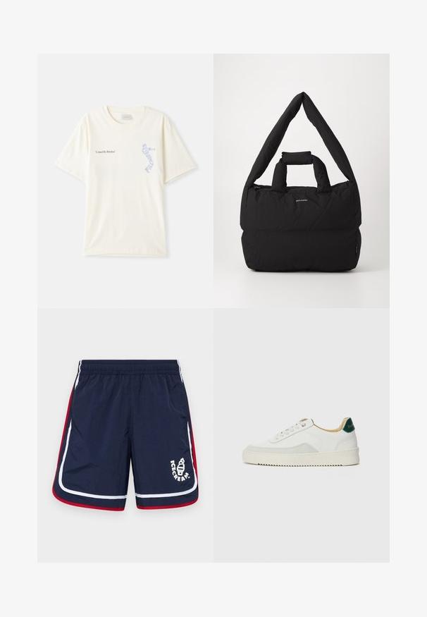Bijela pamučna majica s kratkim rukavima, s natpisom "Ujedinjeni ritmom" u crnoj i plavoj grafici na prsima. Okrugli izrez.; Mornarsko plavi kupaći šorti s bijelim i crvenim bočnim trakama, elastičnom trakom u struku i logom s motivom sladoleda sprijeda.; Bijele tenisice s akcentima od antilopa, zaobljenim vrhom, ravnim vezicama i krem gumenim potplatom. Imaju zelenu oznaku na peti.; Crna podstavljena torba s širokim, mekanim remenom za rame i ručkom na vrhu. Ima patentni zatvarač i suptilan logo na prednjoj strani.
