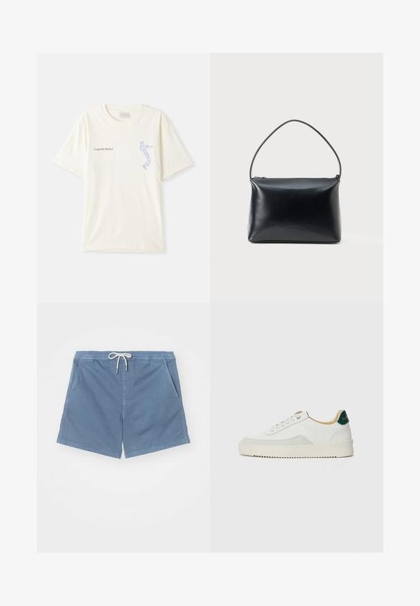 Hvit bomull t-skjorte med korte ermer, med teksten "United By Rhythm" i svart og blå grafikk på brystet. Rund halsdesign.; NN.07 GREGOR - Shorts - blue; Hvit sneakers med semsket detaljer, rund tå, flate snøringer og en kremfarget gummisåle. Har grønn merking på hælen.; Svart glatt skinn håndveske med en enkelt buet håndtak og glidelås på toppen, vist mot en enkel hvit bakgrunn.