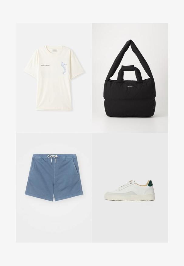Balts kokvilnas T-krekls ar īsām piedurknēm, ar melnu un zilu grafiku "United By Rhythm" uz krūtīm. Apaļš kakla izgriezums.; NN.07 GREGOR - Šorti - blue; Baltas sneakers ar zamša akcentiem, noapaļota purngala, plakaniem auklām un krēmkrāsas gumijas zoli. Ar zaļu zīmolu uz papēža.; Melnā mīkstā soma ar plata, mīksta pleca siksnu un augšējo rokturi. Aprīkota ar rāvējslēdzēja aizdari un diskrētu logotipu priekšpusē.