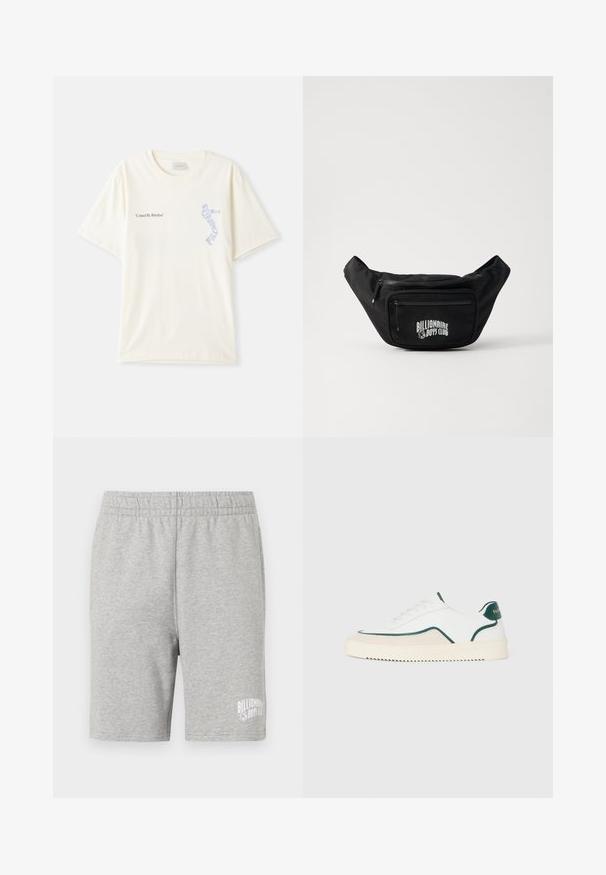 Biely bavlnený tričko s krátkymi rukávmi, s nápisom "United By Rhythm" v čiernej a modrej grafike na hrudi. S okrúhlym výstrihom.; Sivé bavlnené šortky s elastickým pásom a bielym logom na dolnom pravom boku. Mäkka textúra, dizajn po kolená.; Biele nízke tenisky s zeleným lemovaním, béžovými zamatovými detailami a krémovou podošvou s drsným dnom.; Čierny nylonový bum bag s prednou zipsovou kapsou, zdobený bielym logom "Billionaire Boys Club". Hladký povrch a zakrivený tvar.