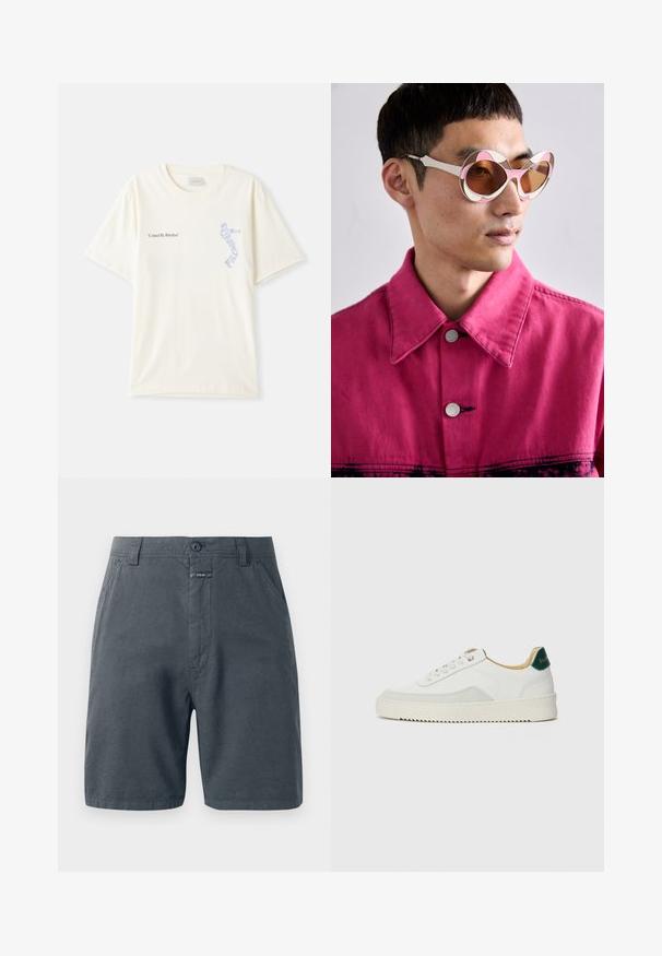 Biely bavlnený tričko s krátkymi rukávmi, s nápisom "United By Rhythm" v čiernej a modrej grafike na hrudi. S okrúhlym výstrihom.; Šedé kraťasy vyrobené z ľahkej tkaniny, s gombíkovým zapínaním, bočnými vreckami a jemnou textúrou s minimálnym zdobením.; Biele tenisky s semišovými akcentmi, zaoblenou špičkou, plochými šnúrkami a krémovou gumovou podrážkou. Na päte sú zelené značky.; Biele a ružové oversized slnečné okuliare s zakriveným rámom, s hnedými tónovanými sklami. Model má na sebe ružovú džínsovú bundu s golierom.