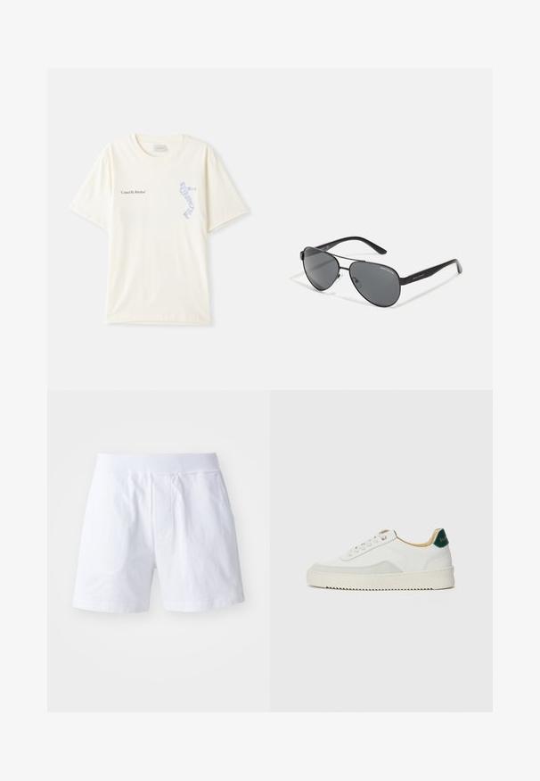 Hvid bomulds t-shirt med korte ærmer, prydet med teksten "United By Rhythm" i sort og blå grafik på brystet. Rund halsdesign.; Hvide bomuldsshorts med elastisk talje, to sidelommer og en afslappet pasform. Glat tekstur uden synlige mønstre eller detaljer.; Hvide sneakers med ruskindsdetaljer, rund tå, flade snørebånd og en cremet gummisål. Har grøn branding på hælen.; Sorte aviator solbriller med mørke linser, tynd metalramme og slanke plastikstænger med logo detaljer.