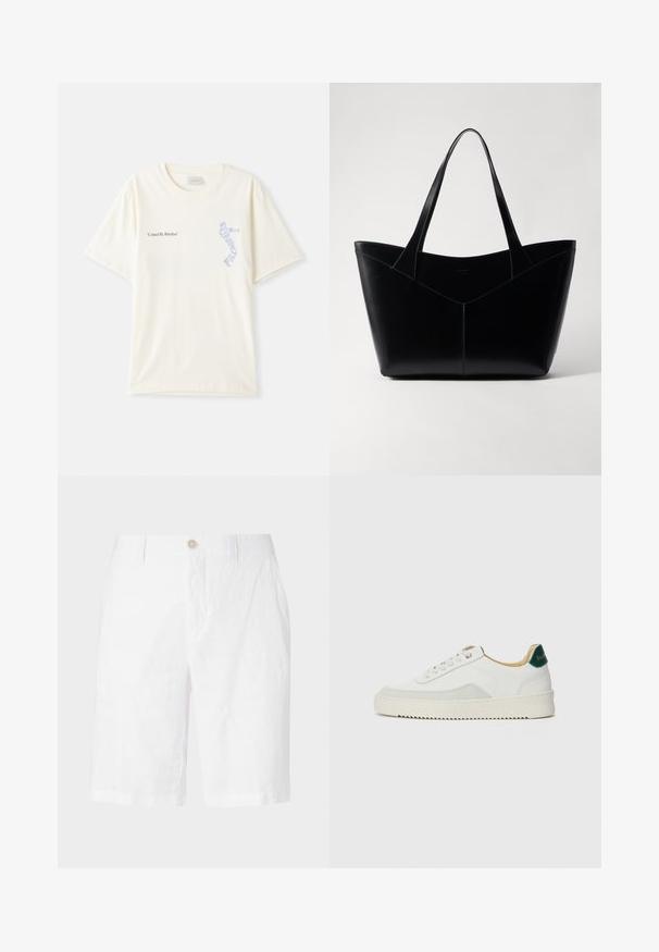 Weißes Baumwoll-T-Shirt mit kurzen Ärmeln, mit dem Aufdruck "United By Rhythm" in Schwarz und blauer Grafik auf der Brust. Rundhalsausschnitt.; Weiße Leinen-Shorts mit Knopfverschluss, im entspannten Schnitt, gerader Passform und ohne sichtbare Muster oder Akzente. Glatte Textur.; Weiße Sneaker mit Wildlederelementen, runder Zehenpartie, flachen Schnürsenkeln und einer cremefarbenen Gummisohle. Mit grünen Markenlogo am Fersenbereich.; Schwarze Leder-Tote-Bag mit strukturiertem Design, ausgestattet mit zwei langen Griffen und einem V-förmigen Nahtdetails an der Vorderseite. Glatte Textur.