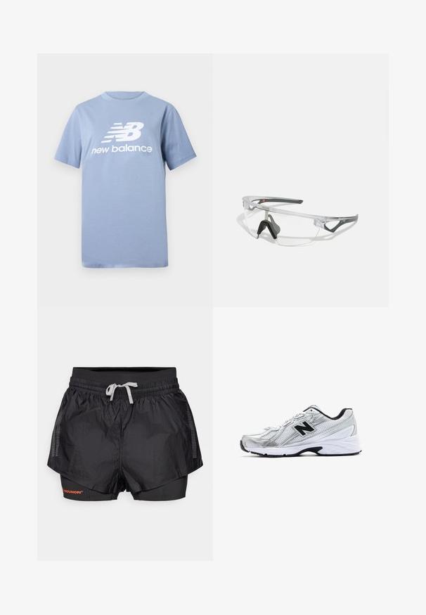 T-shirt en coton bleu clair à manches courtes et col rond, avec un grand logo blanc de New Balance sur le devant.; Shorts de sport noirs avec une couche extérieure texturée, des panneaux en mesh et une couche intérieure ajustée. Comprend une taille élastique avec un cordon de serrage.; Chaussure de sport argentée avec un matériau en maille, des accents noirs, un design perforé et une semelle blanche rembourrée. Présente un logo 'N' bien en vue.; Lunettes de sécurité transparentes avec une monture légère et transparente, et des accents gris. Dotées d'un design enveloppant et d'un nez ajustable.