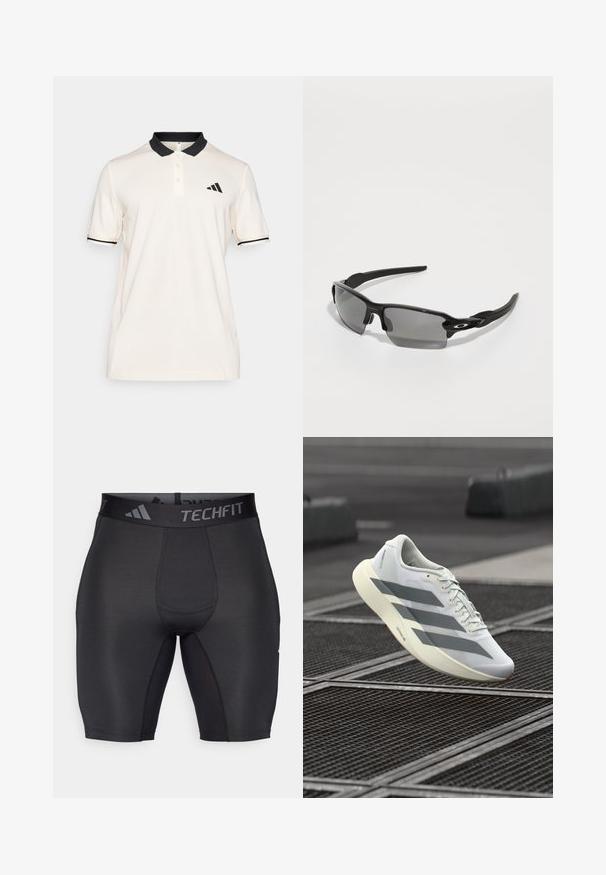 Cremfarbener Polo-Shirt mit schwarzem Kragen und Streifen. Drei-Knopf-Leiste. Auf der linken Brust befindet sich ein schwarzes Adidas-Logo. Weiche Stoffstruktur.; Schwarze Sportshorts aus glattem, elastischem Material. Mit einem breiten, markierten Bund und Flachnähten für Komfort und Langlebigkeit.; Weißer Sportschuh mit einer strukturierten Mesh-Oberfläche, grauen Streifen und einer gepolsterten Sohle. Leichtes Design, geeignet zum Laufen.; Schwarze Sportsonnenbrille mit grauen Gläsern, geschwungenem Rahmendesign und Logodetail an der Seite. Hergestellt aus leichtem Kunststoffmaterial.