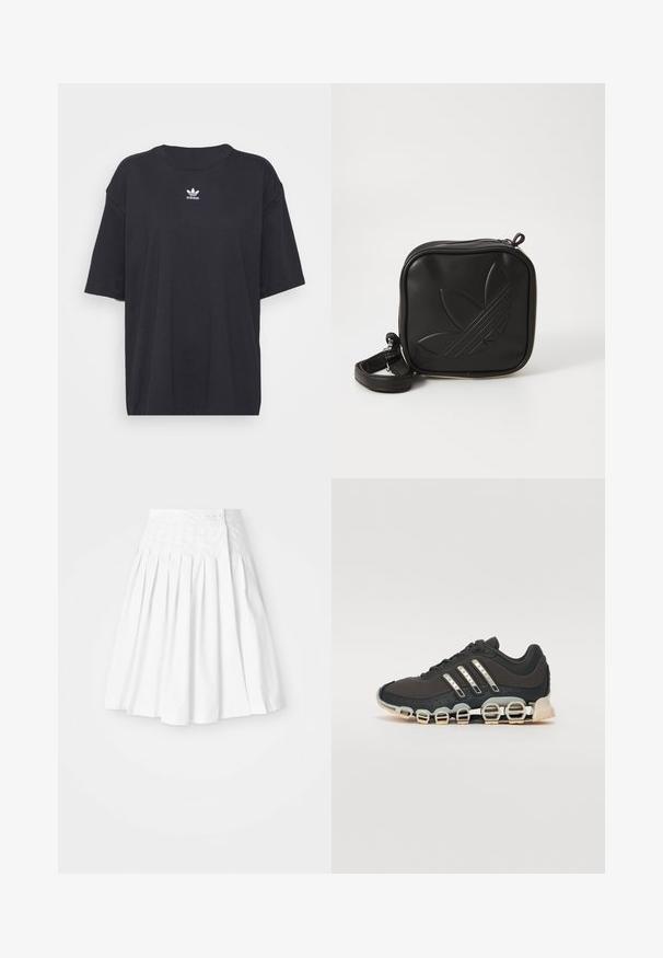 Svart bomullströja med korta ärmar, rund halsringning, har en vit Adidas-logotyp på bröstet. Enkel design, avslappnad passform.; Vit plisserad kjol med en åtsittande midja, som har en knappstängning på sidan och en mjuk, krispig textur.; Svart sportskor med en texturerad överdel, tre silverränder och en distinkt stötdämpande sula med flera integrerade sektioner.; Svart fyrkantig crossbody-väska i texturerat syntetmaterial. Har en präglad logodesign och justerbar rem. Dragkedjestängning.