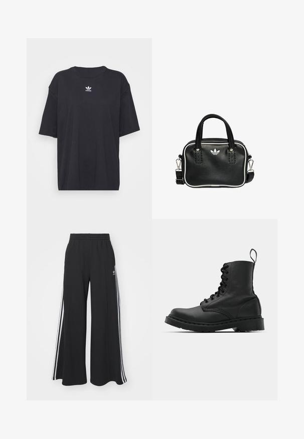 T-shirt in cotone nero con maniche corte, scollatura rotonda, presenta un logo bianco Adidas sul petto. Design semplice, vestibilità rilassata.; Pantaloni in felpa neri a gamba larga con vita elastica, dotati di strisce bianche sui lati e un logo ricamato sulla coscia sinistra.; Stivale da combattimento in pelle nera con punta tonda, chiusura con lacci e linguetta alla caviglia. Presenta una suola in gomma spessa per durabilità.; Borsa a mano in pelle nera con due manici corti, hardware argentato, dettagli bianchi e un logo bianco. Presenta una superficie strutturata e un design compatto.