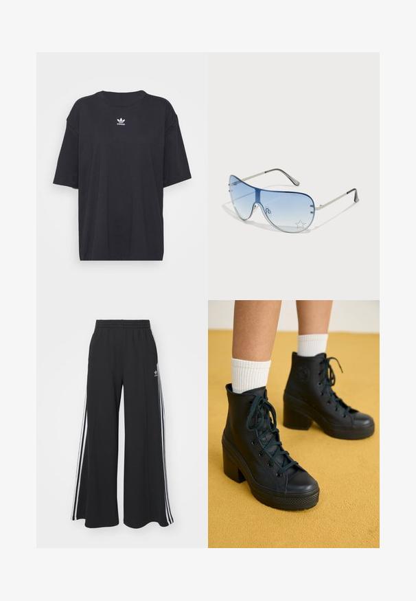 Black cotton t-shirt with short sleeves, round neckline, features a white Adidas logo on the chest. Simple design, relaxed fit.; Black wide-leg sweatpants with an elastic waistband, featuring white side stripes and an embroidered logo on the left thigh.; Black high-top sneakers with a textured finish, lace-up design, rubber toe cap, and chunky heels, paired with white ribbed crew socks.; Aviator sunglasses featuring a gradient blue lens, silver metal frame, and decorative star accents on the lens. Smooth and sleek design.