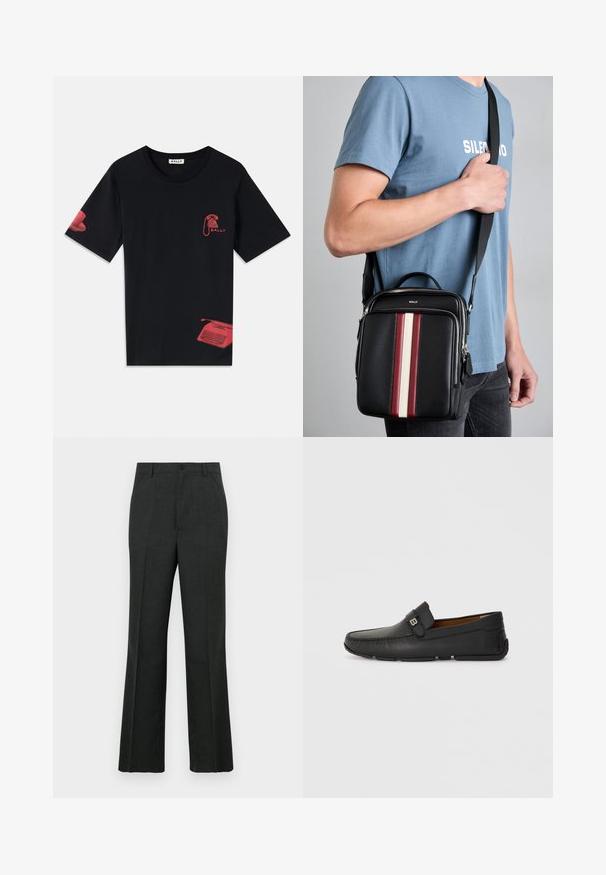 T-shirt di cotone nero con grafiche rosse di un telefono e una macchina da scrivere sulla manica sinistra e sul lato inferiore destro.; Pantaloni tailored grigio scuro con taglio dritto, dotati di chiusura con bottone, tasche frontali e tessuto leggermente testurizzato.; Scarpa in pelle nera stile mocassino con punta rotonda, dettagli cuciti e una fascia decorativa. Sole flessibile per il massimo comfort.; Borsa a tracolla in pelle nera con strisce verticali rosse, bianche e beige. Presenta una maniglia superiore e una tracolla regolabile. Chiusura con zip visibile.