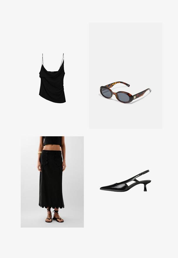 Black camisole with thin adjustable straps, featuring a draped front and gathered side detail, made from lightweight fabric.; Black linen skirt featuring a scalloped hem and two pockets with scallop-shaped accents; paired with black flat sandals.; Black patent leather slingback heels with a pointed toe, cut-out side design, and a small square heel. Smooth texture with minimal accents.; Brown tortoiseshell sunglasses with oval lenses and dark grey tint. Features a gold-tone accent on the temples. Smooth plastic texture.
