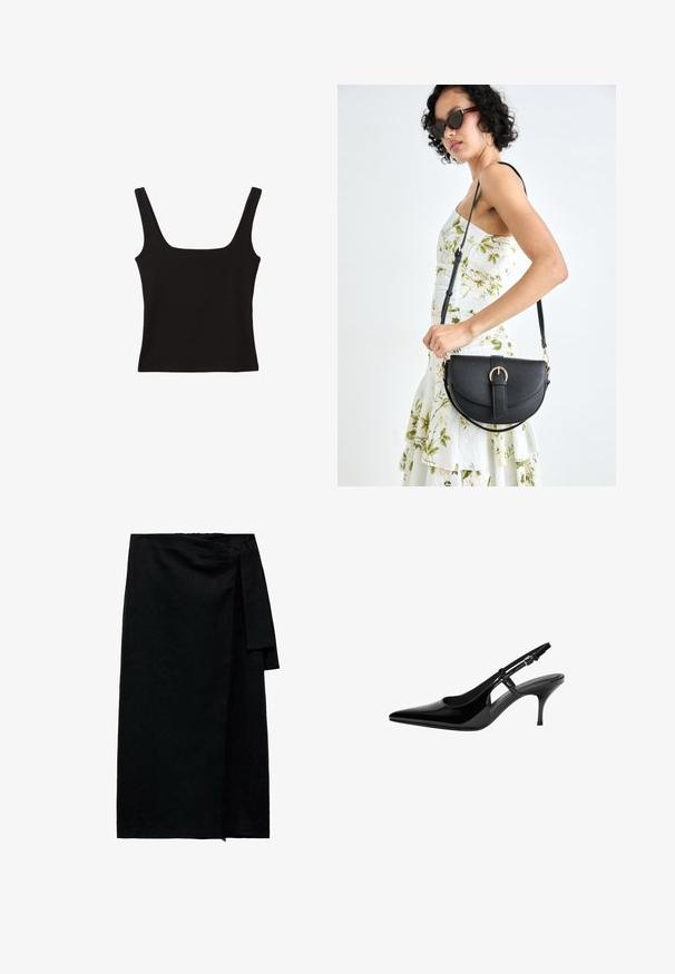 Top nero senza maniche con scollatura quadrata, realizzato in morbido tessuto di cotone, con spalline larghe e una silhouette aderente.; Gonna nera avvolgente in un tessuto testurizzato, con chiusura a legaccio laterale, taglio dritto e orlo finito con leggero sfilacciamento.; Pumps slingback in vernice nera con punta affusolata, ritagli laterali aperti, tacco sottile e cinturino alla caviglia regolabile.; Borsa a tracolla nera in pelle con una forma curva, manico rimovibile e accessori dorati. La borsa presenta una patta con un dettaglio a fibbia.