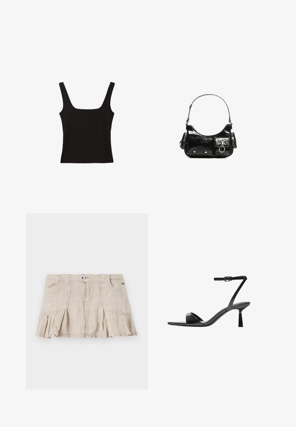 Top noir sans manches avec un décolleté carré, fabriqué en coton lisse, doté de bretelles épaisses et d'une silhouette ajustée.; Jupe mini en lin beige avec un design plissé, fermeture à boutons à l'avant et deux poches latérales. Présente une texture légère et un style décontracté.; Bershka Sandales à talons hauts - black; Sac à main en cuir verni noir avec une forme incurvée, une bandoulière, des poches avant et des accents en métal argenté.