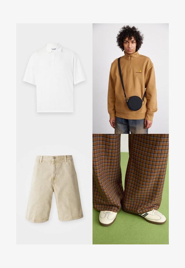 Hvit kortermet polo-skjorte med krage, med ribbestruktur og fire knapper foran. Rent, enkelt design.; Beige denimshorts med rett snitt, fem lommer, frontknapp og glidelås, og subtil fading på stoffet.; Brune og blå rutete vide bukser sammen med hvite sko med svarte detaljer og teksturerte såler, satt mot en grønn bakgrunn.; Brun kvart-zip fleece genser med brodert logo, med en svart rund crossbody bag med glidelås og logodetalj, båret over denim.