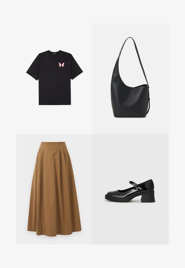 Fekete pamut póló rövid ujjakkal, bal mellkason egy kis rózsaszín pillangó grafikával. Kerek nyakú kialakítás, laza fazonnal.; Barna pamut A-vonalú szoknya magas derékkal, elöl pliszézett és sima textúrával. Az alsó szegélyek letisztultak és egyszerűek.; Fekete lakk bőr Mary Jane cipő kerek orral, állítható pánttal és tömzsi négyzetes sarokkal. A talpa texturált.; Fekete bőr hobo táska sima textúrával, ívelt formával és egyetlen állítható pánttal; széles nyílás található a tetején.