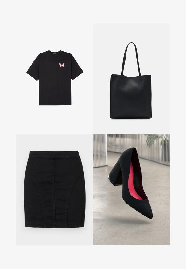 Fekete pamut póló rövid ujjakkal, bal mellkason egy kis rózsaszín pillangó grafikával. Kerek nyakú kialakítás, laza fazonnal.; Fekete farmer mini szoknya, formázott dizájnnal, strukturált panelekből készült, látható varrásokkal a részletek hangsúlyozásához. Simaszerkezet és elegáns sziluett.; Fekete magassarkú cipő hegyes orral, textúrált felülettel és élénk rózsaszín béléssel. Vastag sarokkal rendelkezik, ezüst kiegészítővel.; Fekete bőrtáska sima felszínnel, téglalap alakú, két hosszú füllel. Nincs látható fémkiegészítő vagy díszítés.