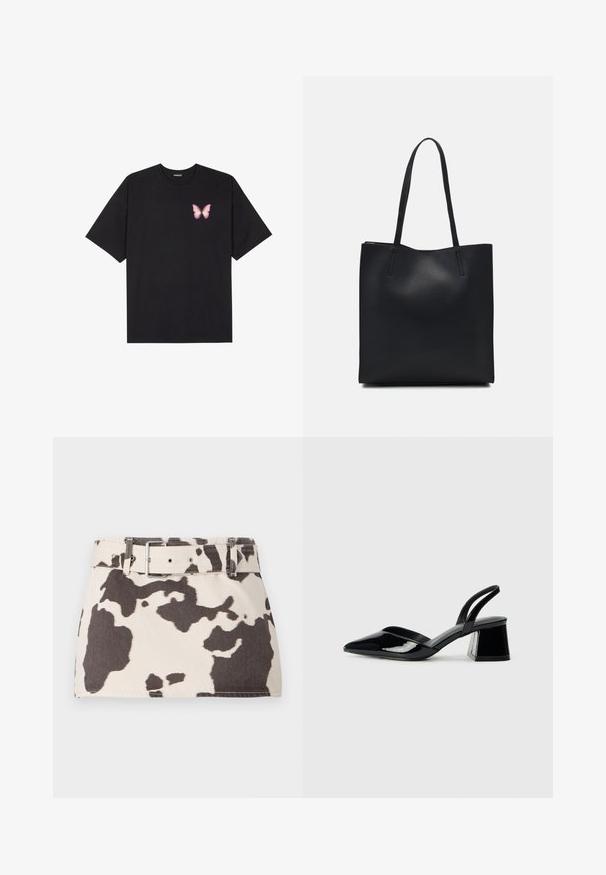 T-shirt en coton noir à manches courtes, avec un petit graphique de papillon rose sur la poitrine gauche. Modèle à col rond avec une coupe décontractée.; Mini-jupe en denim à imprimé vache avec une taille ceinturée. Présente des formes marron foncé contrastantes sur un fond clair. Tissu texturé avec des coutures robustes.; Escarpins en cuir verni noir avec bout pointu et talon bloc géométrique. Présente un design élégant et minimaliste ainsi qu'une texture lisse.; Sac fourre-tout en cuir noir avec une texture lisse, de forme rectangulaire et deux longues poignées. Pas de matériel ou d'ornementations visibles.