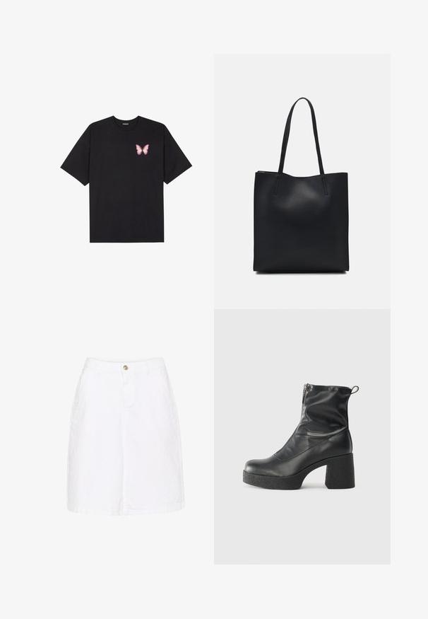 Musta puuvillapaita lyhyillä hihoilla, jossa on pieni vaaleanpunainen perhosgrafiikka vasemmassa rinnassa. Pyöreä kaula-aukko ja rento istuvuus.; Valkoinen puuvilladenimikotimmini, jossa on edessä nappisulku, sivutaskut ja suora siluetti, joka on varustettu hienovaraisella tekstuuri viimeistelyllä.; Mustat nilkkurit, jotka on valmistettu sileästä nahasta. Niissä on sivuvetoketju, paksu teksturoitu korko ja pyöristetty kärki.; Mustapahkainen kangaskassi, jossa on sileä pinta, suorakaiteen muotoinen ja kaksi pitkää kahvaa. Ei näkyvää metalliosaa tai koristeita.