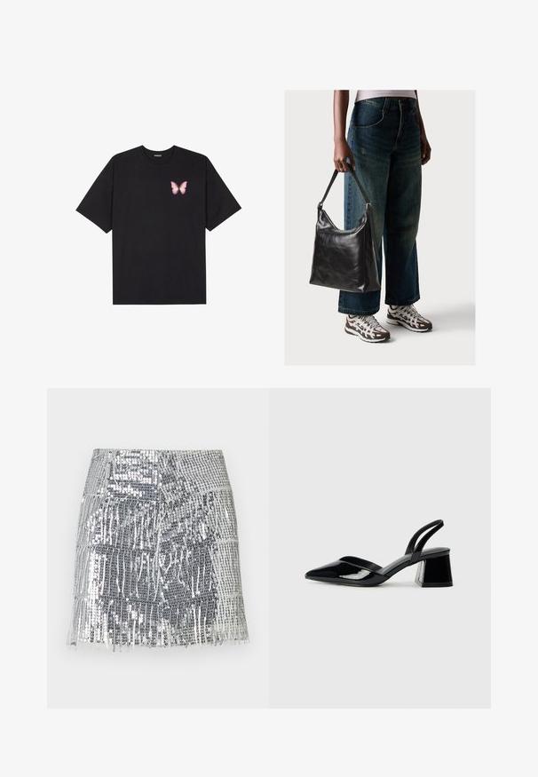 T-shirt en coton noir à manches courtes, avec un petit graphique de papillon rose sur la poitrine gauche. Modèle à col rond avec une coupe décontractée.; Mini jupe à paillettes argentées avec des franges. Fabriquée en matériau brillant, elle présente une taille ajustée et des motifs horizontaux superposés.; Escarpins en cuir verni noir avec bout pointu et talon bloc géométrique. Présente un design élégant et minimaliste ainsi qu'une texture lisse.; Sac à bandoulière en cuir noir avec une texture lisse et une bandoulière réglable, associé à un jean ample décoloré et des baskets de sport.