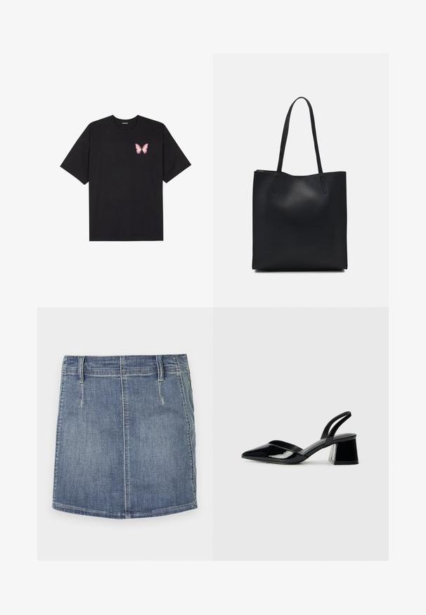 Musta puuvillapaita lyhyillä hihoilla, jossa on pieni vaaleanpunainen perhosgrafiikka vasemmassa rinnassa. Pyöreä kaula-aukko ja rento istuvuus.; Vaaleansininen farkkuinen mini-hame, jossa on klassinen leikkaus. Siinä on etutaskut ja vyölenkit, suora helma sekä hienovarainen haalistuminen.; Mustat patentoitu nahkakengät, joissa on säären takaosa ja terävä kärki, sekä geometrinen palikkakorko. Sisältää tyylikkään, minimalistisen muotoilun ja sileän pinnan.; Mustapahkainen kangaskassi, jossa on sileä pinta, suorakaiteen muotoinen ja kaksi pitkää kahvaa. Ei näkyvää metalliosaa tai koristeita.