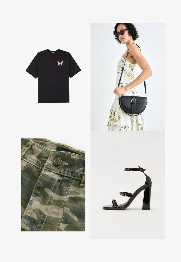 T-shirt en coton noir à manches courtes, avec un petit graphique de papillon rose sur la poitrine gauche. Modèle à col rond avec une coupe décontractée.; Tissu à motif camouflage avec des nuances de vert et de beige, présentant des coutures visibles, un bouton en métal et une texture lisse.; Sandales à talons hauts en cuir verni noir avec deux brides à boucles, bout carré et talon bloc épais, présentant une texture lisse et brillante.; Sac à main en cuir noir avec une forme courbée, bandoulière amovible et des accessoires en or. Le sac est doté d'un rabat avec un détail de boucle.