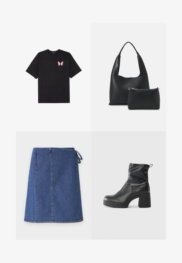 T-shirt de algodão preto com mangas curtas, apresentando um pequeno gráfico de borboleta rosa no lado esquerdo do peito. Design de gola redonda com um corte solto.; Saia envolvente de ganga em azul escuro. Apresenta um corte reto, costuras visíveis e um laço lateral para ajuste. Textura suave e bainha padrão.; Botas de tornozelo pretas feitas de couro liso, com fecho lateral, salto grosso texturizado e design de bico arredondado.; Even&Odd Mala de mão - black