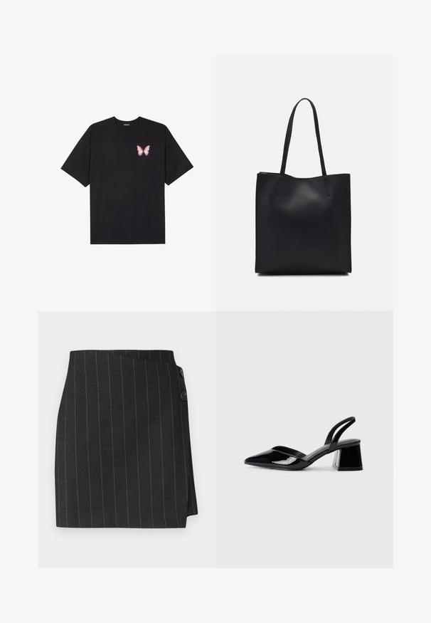 Juodas medvilnės marškinėliai trumpomis rankovėmis, su maža rožine drugelio grafika kairėje krūtinės pusėje. Apvalus kaklo iškirpimas, laisvas kirpimas.; Juodas dryžuotas sijonas su pritaikytu siluetu, su asimetrine apvyniojimo konstrukcija ir dviem sagomis juosmenyje uždarymui.; Juodos lakuotos odinės šlepetės su smailiu pirštu ir geometriniu bloko kulnu. Turi elegantišką, minimalistinį dizainą ir lygų paviršių.; Juodas odinis tote krepšys su lygia tekstūra, stačiakampio formos ir dviem ilgais rankenomis. Matomų metalinių detalių ar puošybos nėra.