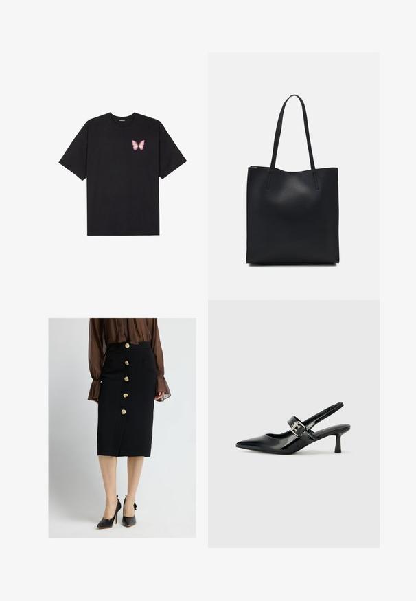 Zwarte katoenen t-shirt met korte mouwen, voorzien van een kleine roze vlinder graphic op de linkerkant van de borst. Crew neck ontwerp met een relaxte fit.; Zwarte kokerrok met een zijsplit, voorzien van zes gouden bloemvormige knopen en voorzakken; gecombineerd met zwarte hoge hakken.; Zwarte gepatineerde leren slingback hakken met een puntige neus en een kleine blokhak, met een zilveren gespaccent op de band.; Zwarte leren handtas met een gladde textuur, rechthoekige vorm en twee lange handvaten. Geen zichtbare hardware of versieringen.