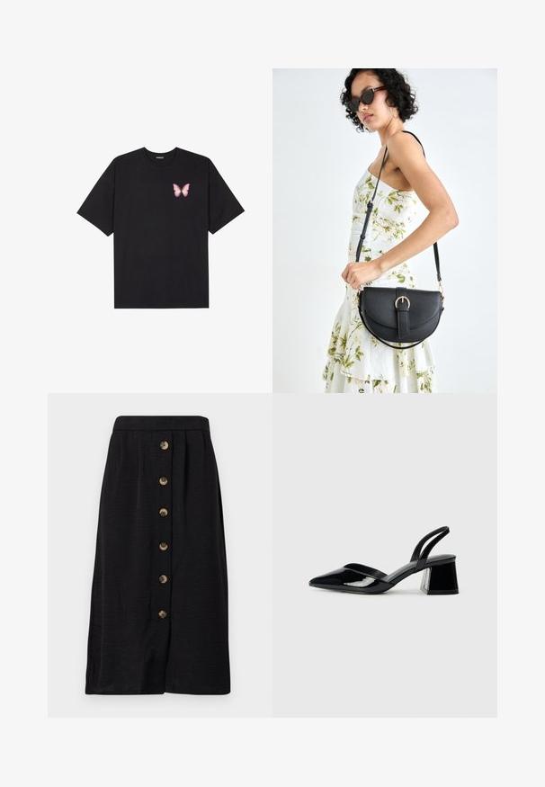 Zwarte katoenen t-shirt met korte mouwen, voorzien van een kleine roze vlinder graphic op de linkerkant van de borst. Crew neck ontwerp met een relaxte fit.; Zwarte midi rok van een gemêleerde stof, met een voorste knoopsluiting met vijf bronzen knopen en een rechte vorm.; Zwarte gepatineerde leren slingback hakken met een spitse neus en een geometrische blokhak. Kenmerkt zich door een slank, minimalistisch ontwerp en een gladde textuur.; Zwarte leren handtas met een gebogen vorm, afneembare schouderband en gouden hardware. De tas heeft een klep met een gespsluiting.